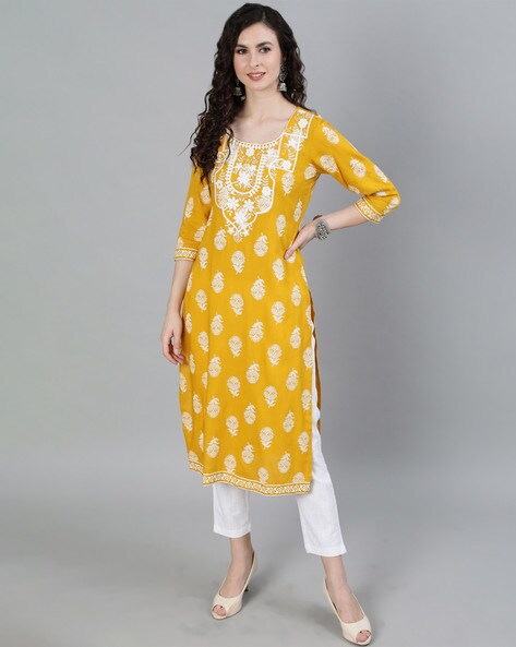 Libas Women Yellow Paisley Embroidered Chikankari Cotton A-line Kurta -  Absolutely Desi