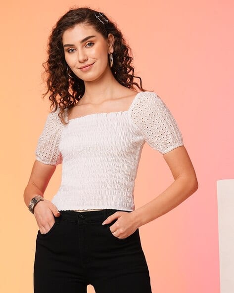 Square Neck Smocked Cotton Schiffli Crop Top