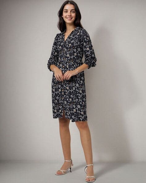 Floral Print Shirt Dress with Puff Sleeves