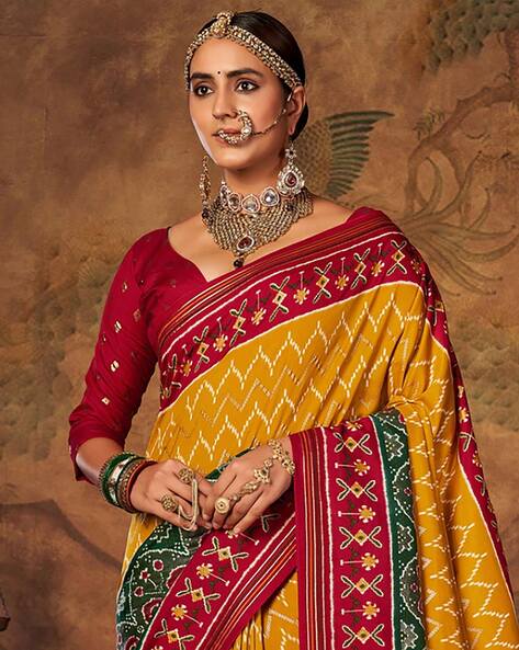 Yellow Pure Banarasi Silk Saree With Kutchi Work & Mirror Heavy Work - VJV  Now - India