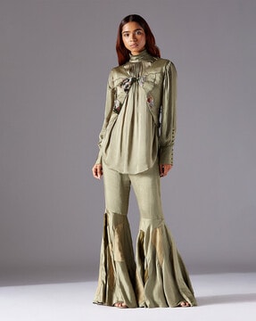 Buy A Humming Way Embellished Pants & Top Set with Back Slit, Olive & Grey  Color Women