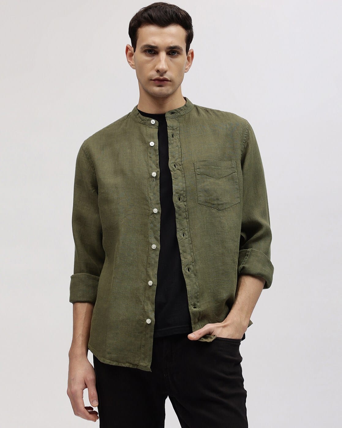 Men Regular Fit Linen Shirt with Patch Pocket