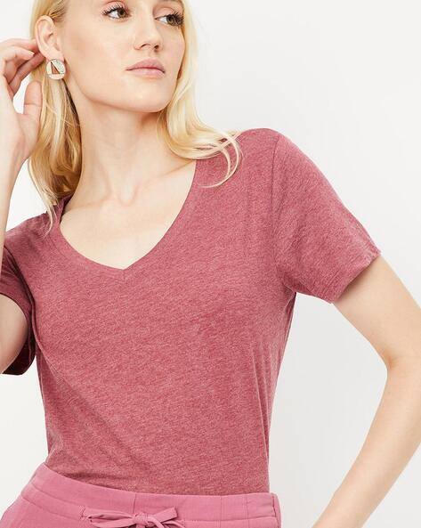 Women Heathered Regular Fit V-Neck T-Shirt