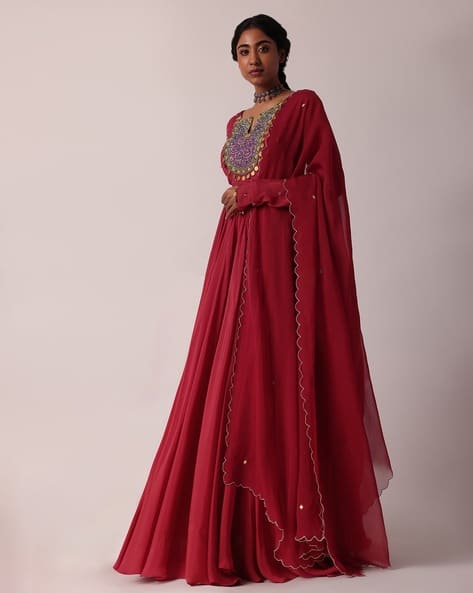 kalki red dress Red Silk Anarkali Suits with Cut Dana Sequins Work