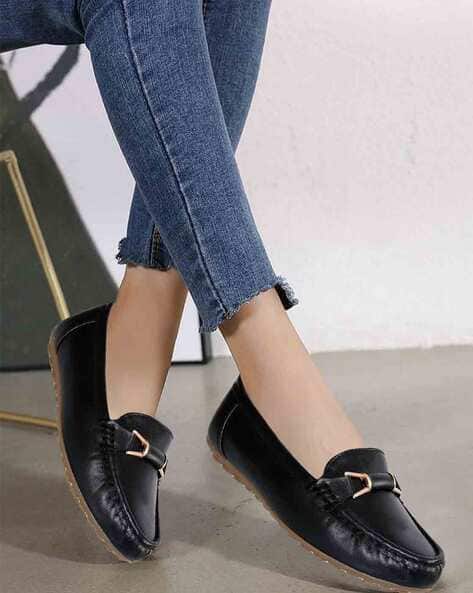 Ajio Black Flat Shoes With Gold Buckle Flat Shoes Womens Slip On