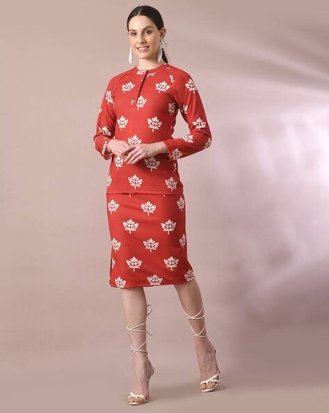 Myshka Women Leaf Print Straight Skirt