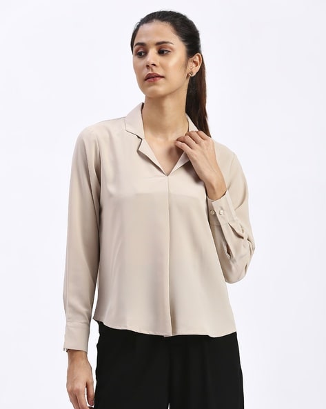 Women Regular Fit Top with Cuffed Sleeves