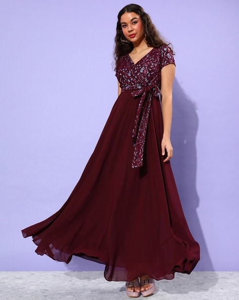 Wine fit and flare sales dress