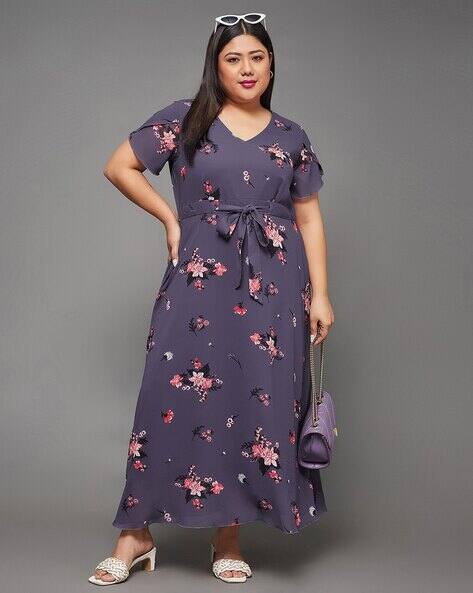 Miss Chase A+ Women Plus Floral Print Fit & Flared Dress with Tie-Up
