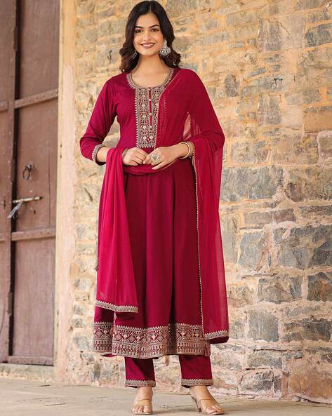 Kurta Set - store Maroon Ethnic Motifs Embroidered Kurta with Trousers & Dupatta - Indian Dress - Salwar Kameez - 3 Piece Set