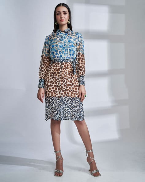 Shirt Dress Blue Cheetah Dress Dancing Leopard Alva Blue Leopard