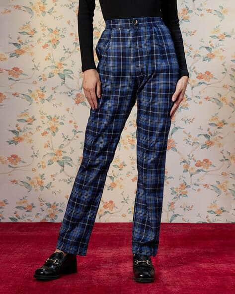 Women Checked Wide-Leg Pleated Trousers