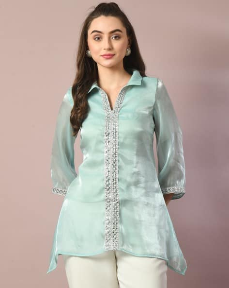 Embroidered Regular Fit Tunic with Collar Neck
