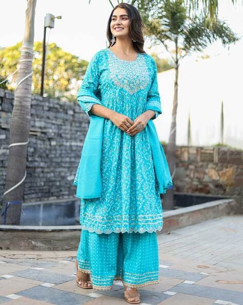 Women Embroidered Flared Kurta Suit Set Price in India