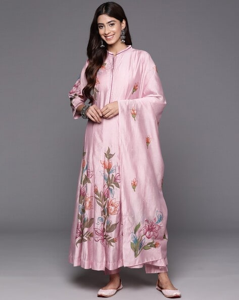 Women Floral Print Flared Kurta with Pants & Dupatta Price in India
