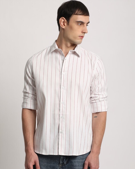Men Striped Slim Fit Shirt with Cuffed Sleeves