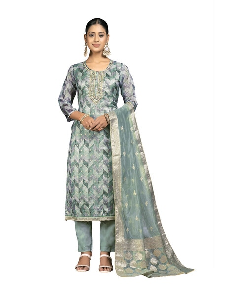 Embellished & Embroidered 3-Piece Unstitched Dress Material Price in India