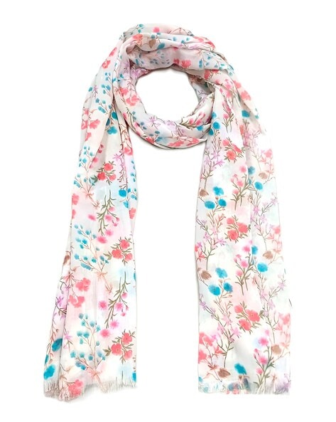 Women Floral Print Stole with Frayed Hem Price in India