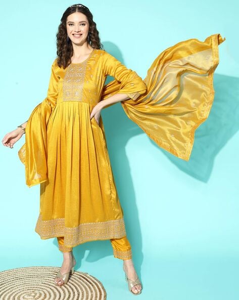 Women Embroidered Flared Kurta Suit Set Price in India