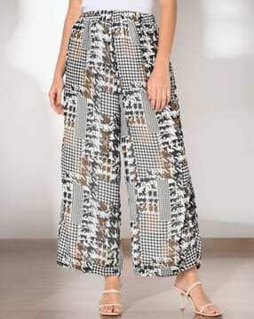 Houndstooth Print Palazzos with Elasticated Waist