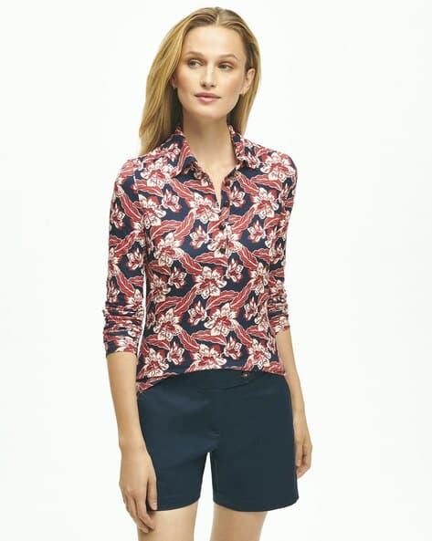 Long-Sleeve Floral Print Jersey Knit Polo T-Shirt