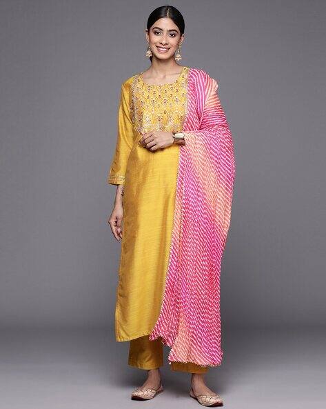 Varanga Women Embroidered Straight Kurta with Pants & Dupatta