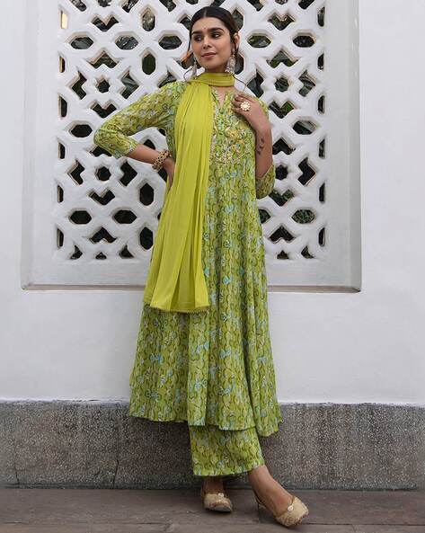 Women Floral Print A-Line Kurta Suit Set Price in India