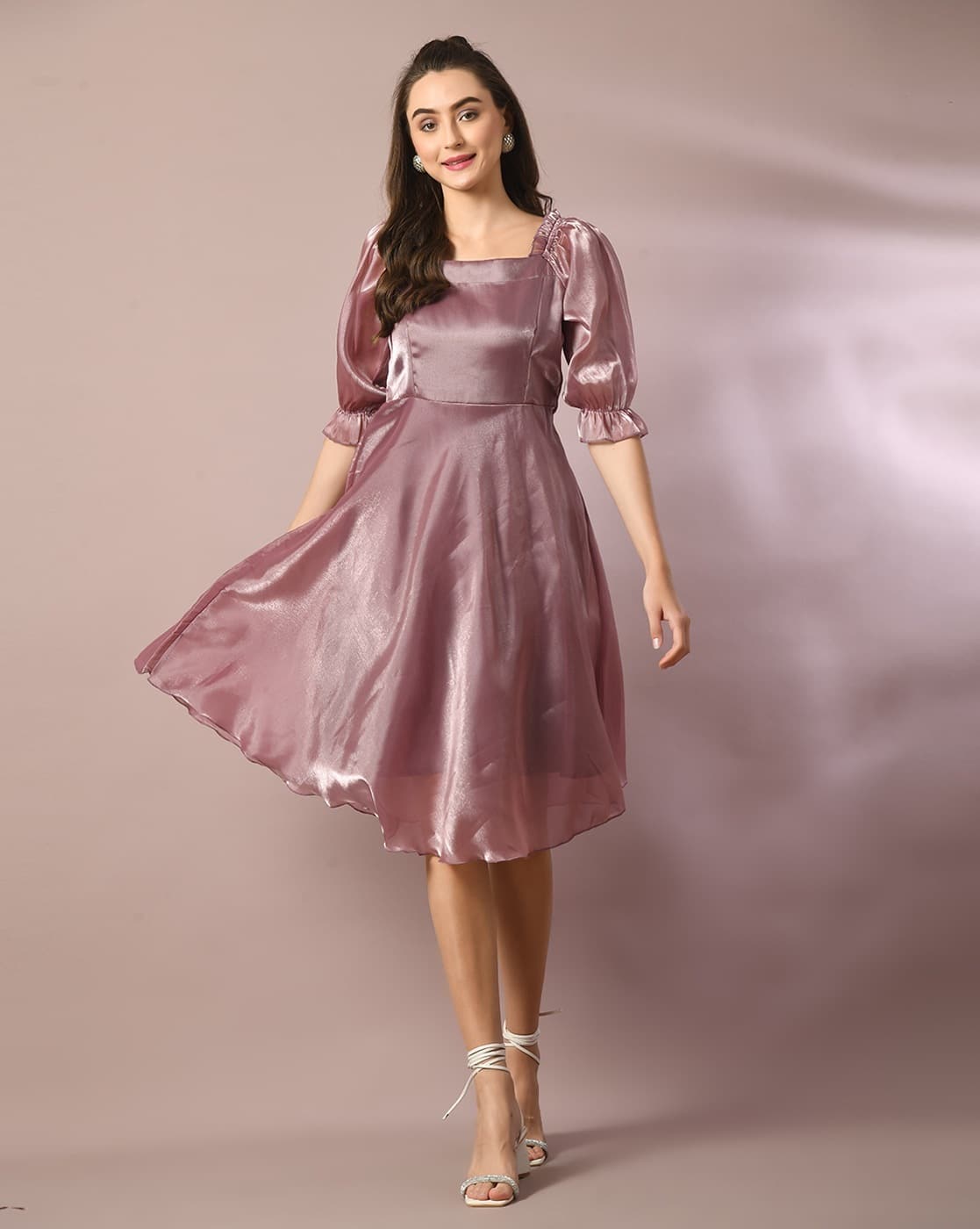 Acka puff sleeve flare dress brown size1