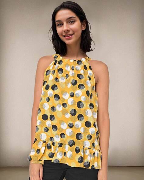 ISCENERY BY VERO MODA Printed Round-Neck Top with Ruffled Hemline