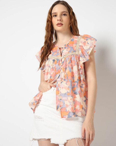 Solid Flutter Sleeves Button-Down Top