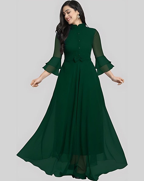 Buy MESH COLD-SHOULDER MIDI DARK GREEN DRESS for Women Online in India