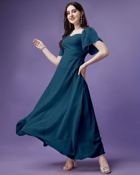 V Neck Light Blue Chiffon Long Prom Dresses with Slit, V Neck Light Bl –  Shiny Party