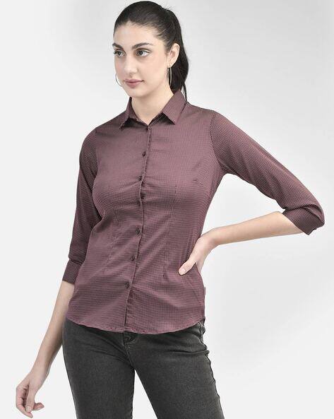 CRIMSOUNE CLUB Women Micro Print Slim Fit Shirt wit Spread Collar