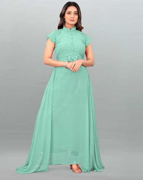 sea green net gown style embroidered anarkali suit 3078