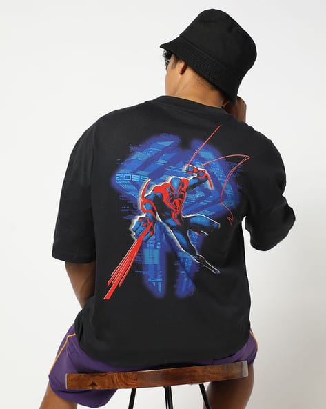 Men Spiderman Print Oversized Fit Crew-Neck T-Shirt