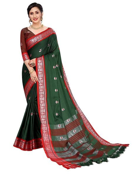 Silk cotton saree light green and light blue with plain body and paisley  zari woven simple border at 339000 by Prashanti – Prashanti Sarees