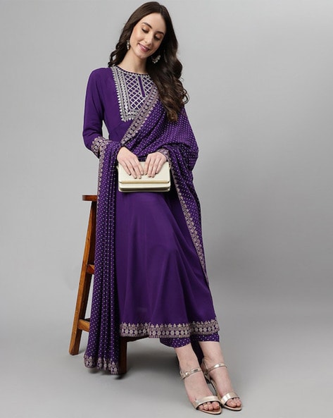 Purple Color Zari Work Pant Style Suit With Matching Dupatta