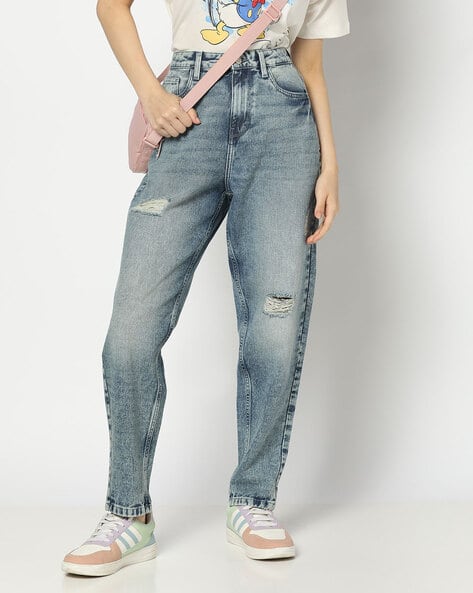Women Mid-Wash Distressed Relaxed Fit Mid-Rise Jeans