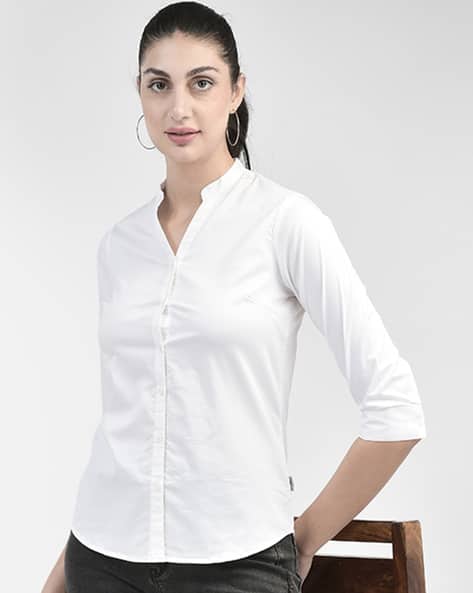 CRIMSOUNE CLUB Women Slim Fit Shirt wit Mandarin Collar