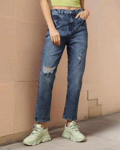 FREEHAND Mid-Wash Straight Fit Distressed Jeans