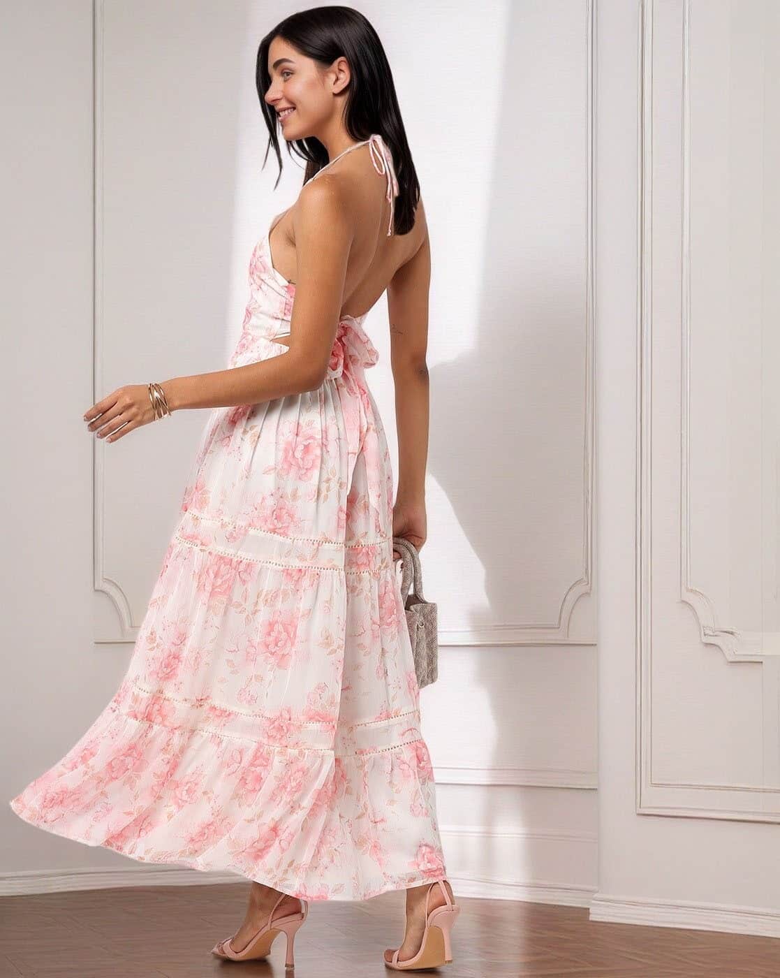 Women Halter-Neck Tiered Dress with Back Tie-Up