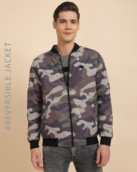 ALLEN SOLLY Men Camouflage Print Regular Fit Reversible Bomber Jacket