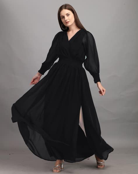 slim fit dress slacks Wine Long Sleeves Fit and Flare Wrap Maxi Dress with Lace Belt for Wom main image 1