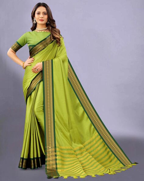 Beautiful Soft Silk Green Saree With Red And Golden Border