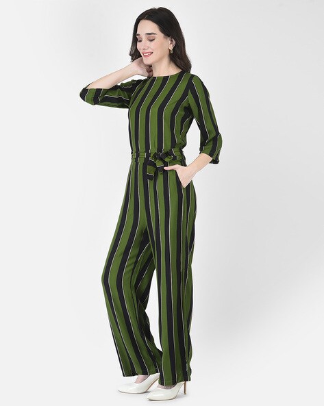 Striped Jumpsuit with Waist Tie Up