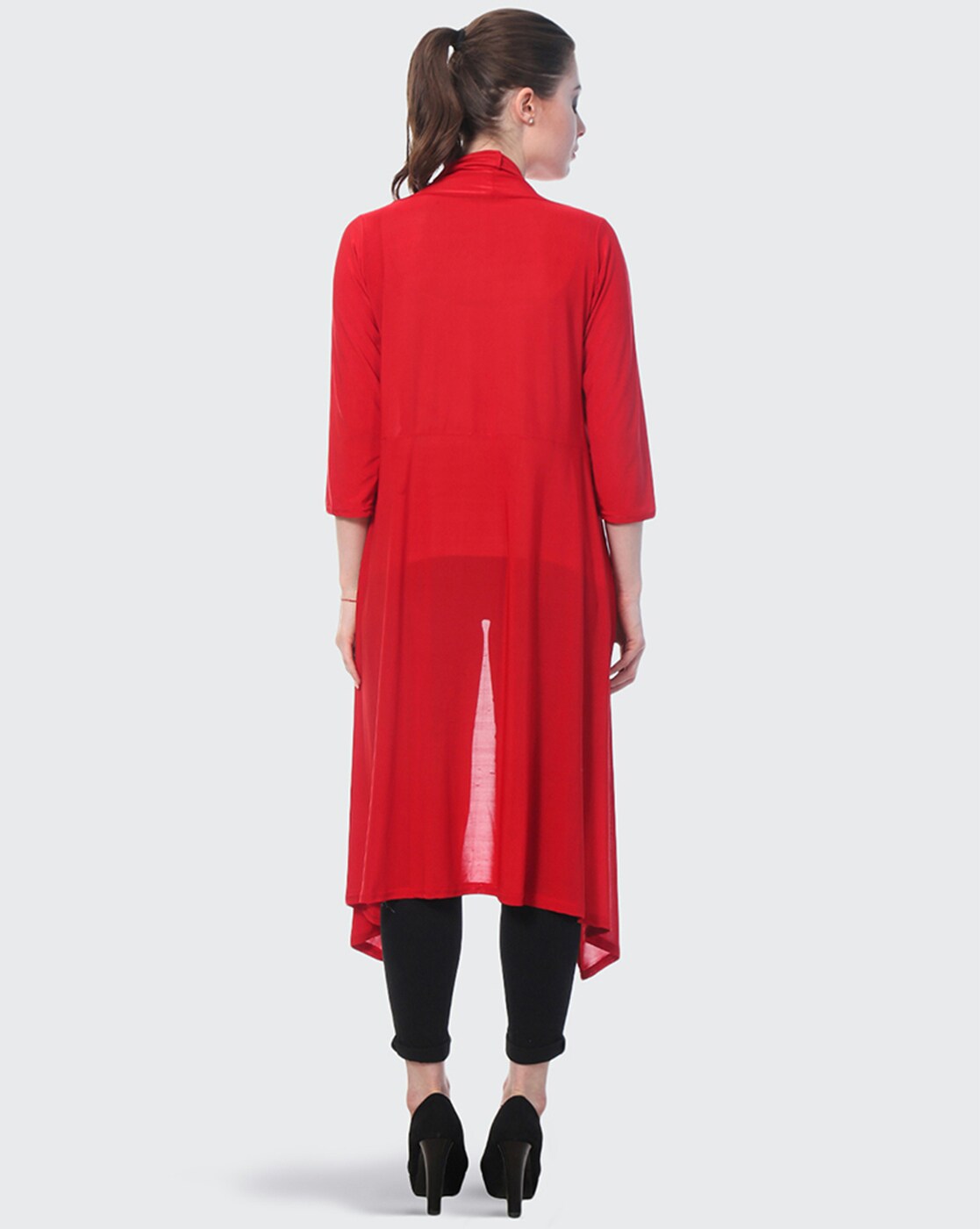 Women Red Rib Longline Shrug