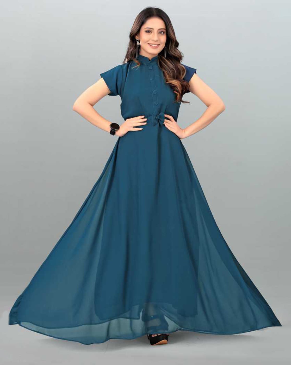 Shop Blue Satin Georgette Padded Gown - Dresses Online in India |  Colorauction