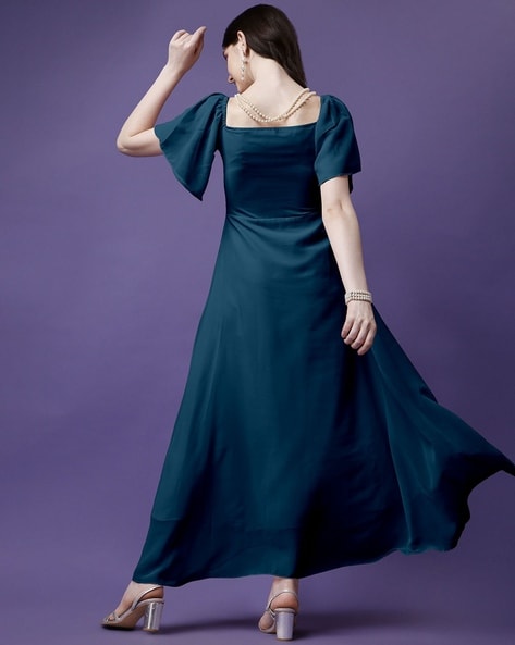 Buy Fascinating Teal Blue Zari Woven Cotton Readymade Traditional Gown -  Zeel Clothing