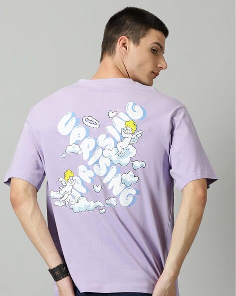 Mennace Oversize Crew Neck T-Shirt - パープル WENKOMG1 Cotton Shirt for Men Loose Fit Distressed Casual