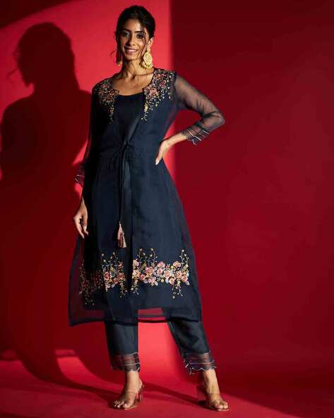 Women Indian Designer Anarkali Kurta With Jacket Long Blue Flared Gown Kurti  Set